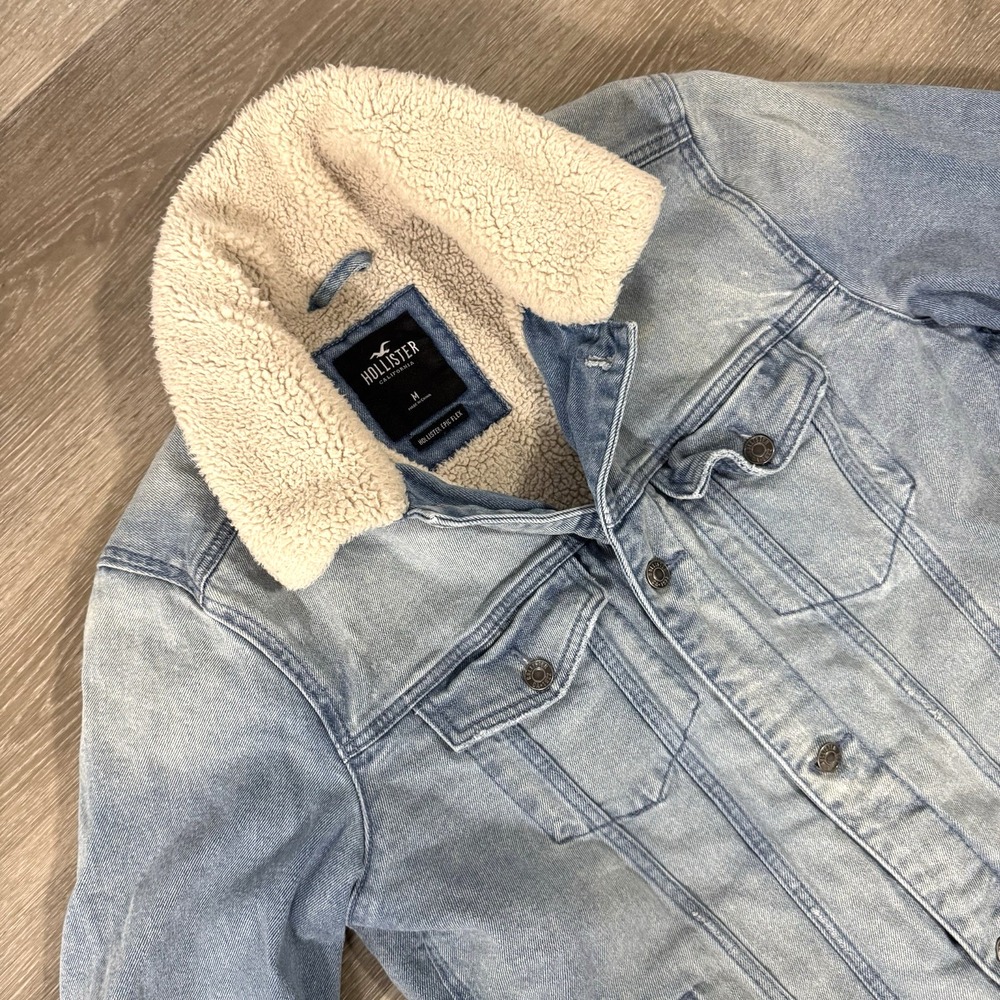 Hollister Epic Flex Sherpa Lined Blue Denim Trucker Jacket Men's Size M